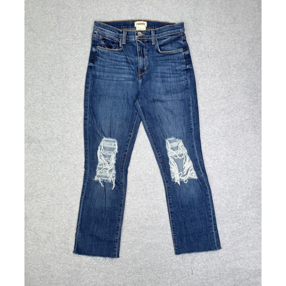 L'AGENCE Jordan High Rise Cropped Straight Leg Distressed Jeans Blue 27